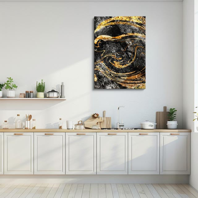 cuadro canvas abstracto fluido onix en marejada en tonos negro, dorado, gris