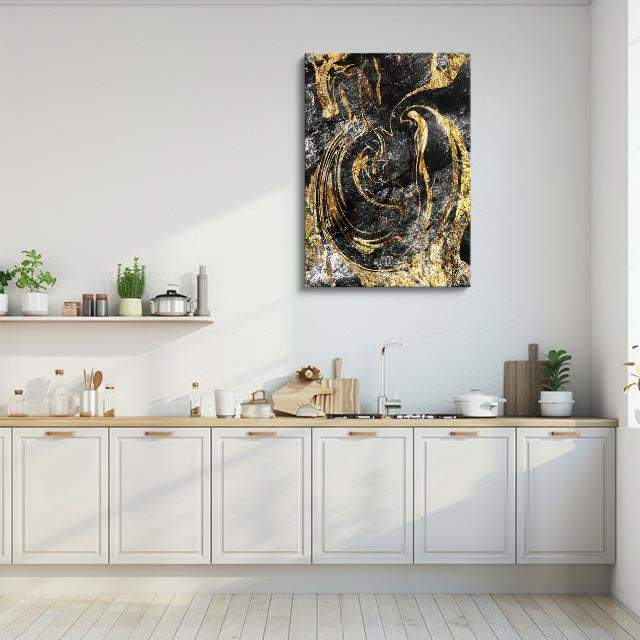 cuadro canvas abstracto fluido espiral de ambar en tonos negro, dorado, blanco