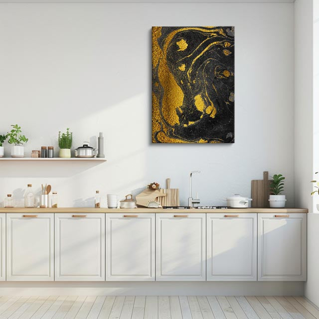 cuadro canvas abstracto fluido oro sumergido en tonos negro, dorado