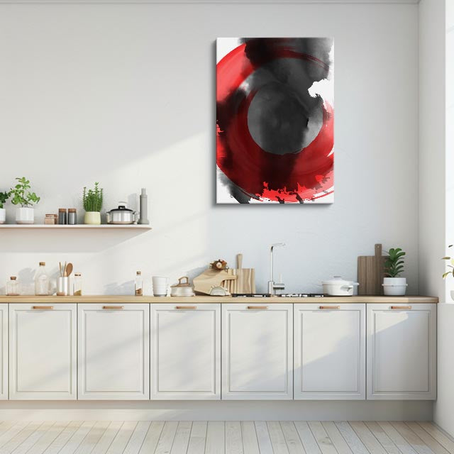 cuadro canvas abstracto fluido orbita carmesi en tonos rojo, negro, gris