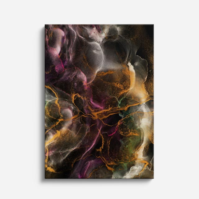 cuadro canvas abstracto fluido descarga prismatica en tonos morado, dorado, negro