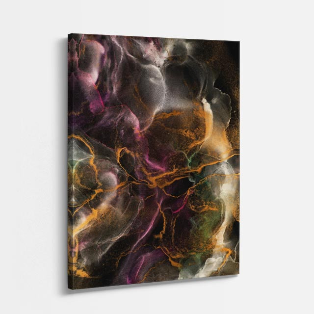 cuadro canvas abstracto fluido descarga prismatica en tonos morado, dorado, negro