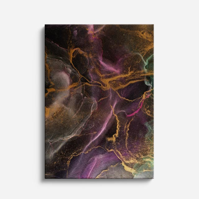cuadro canvas abstracto fluido nebulosa umbral en tonos morado, dorado, negro