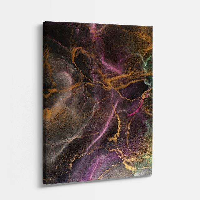 cuadro canvas abstracto fluido nebulosa umbral en tonos morado, dorado, negro