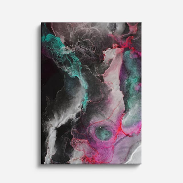 cuadro canvas abstracto fluido velo iridiscente en tonos turquesa, rosa, negro
