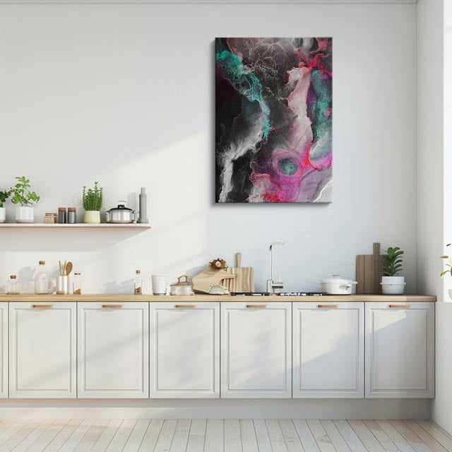 cuadro canvas abstracto fluido velo iridiscente en tonos turquesa, rosa, negro