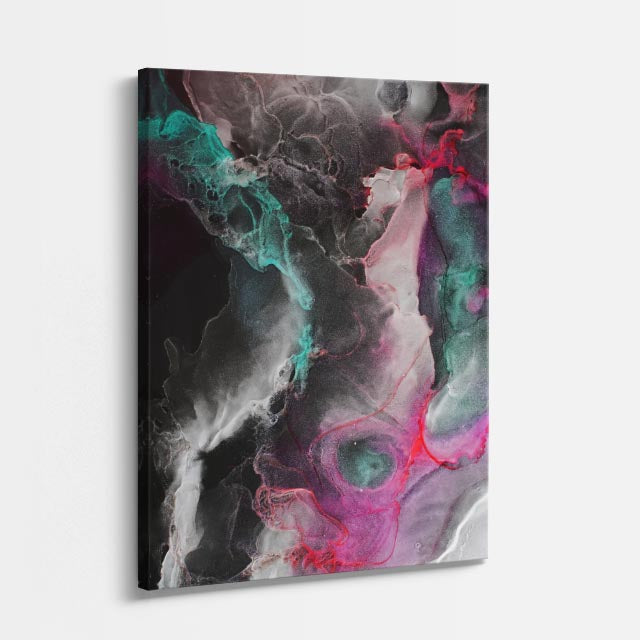 cuadro canvas abstracto fluido velo iridiscente en tonos turquesa, rosa, negro