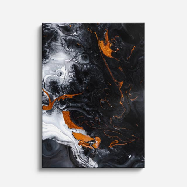 cuadro canvas abstracto fluido hollin solar en tonos negro, naranja, blanco