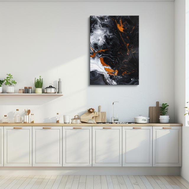 cuadro canvas abstracto fluido hollin solar en tonos negro, naranja, blanco