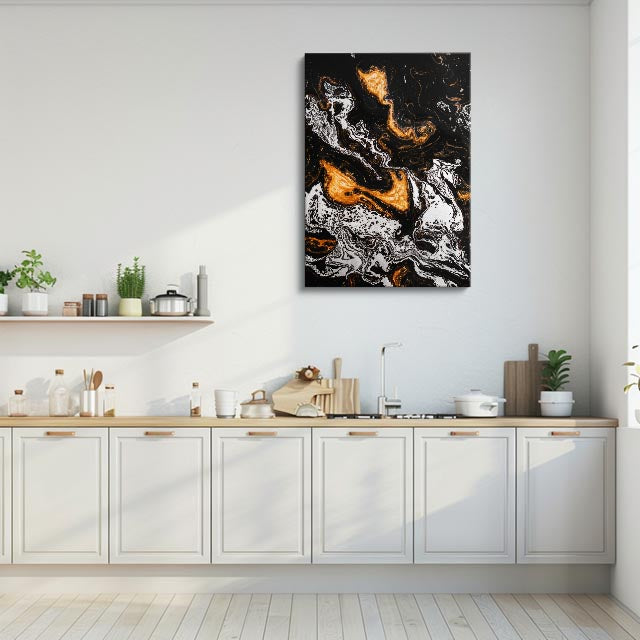 cuadro canvas abstracto fluido fulgor de lava en tonos negro, naranja, blanco
