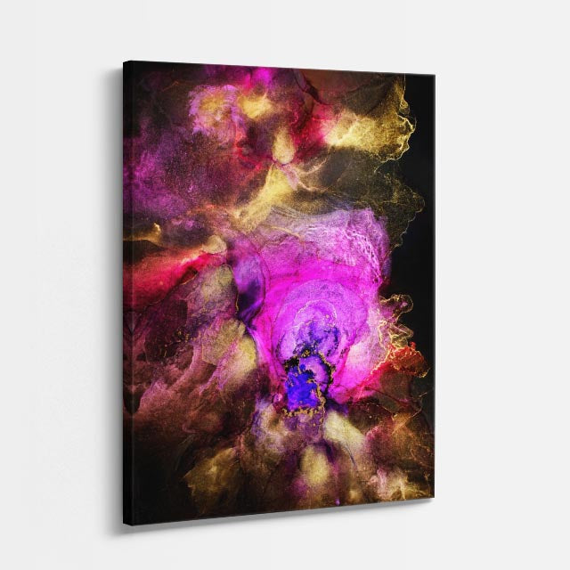 cuadro canvas abstracto fluido aurora magenta en tonos magenta, dorado, negro