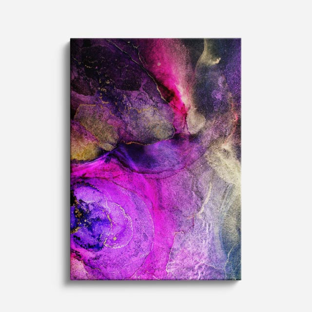 cuadro canvas abstracto fluido tormenta fucsia en tonos morado, rosa, dorado