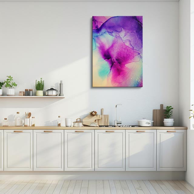 cuadro canvas abstracto fluido jardin neon en tonos rosa, turquesa, morado