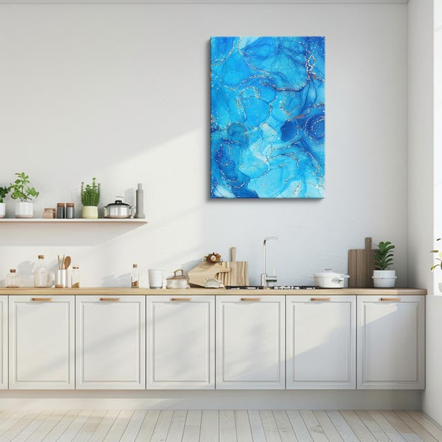 cuadro canvas abstracto fluido turquesa radiante en tonos azul, celeste, dorado
