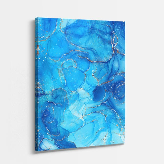 cuadro canvas abstracto fluido turquesa radiante en tonos azul, celeste, dorado