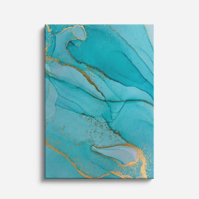 cuadro canvas abstracto fluido mar de jade en tonos turquesa, dorado