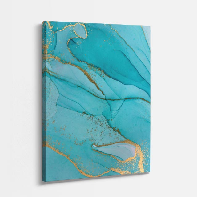 cuadro canvas abstracto fluido mar de jade en tonos turquesa, dorado