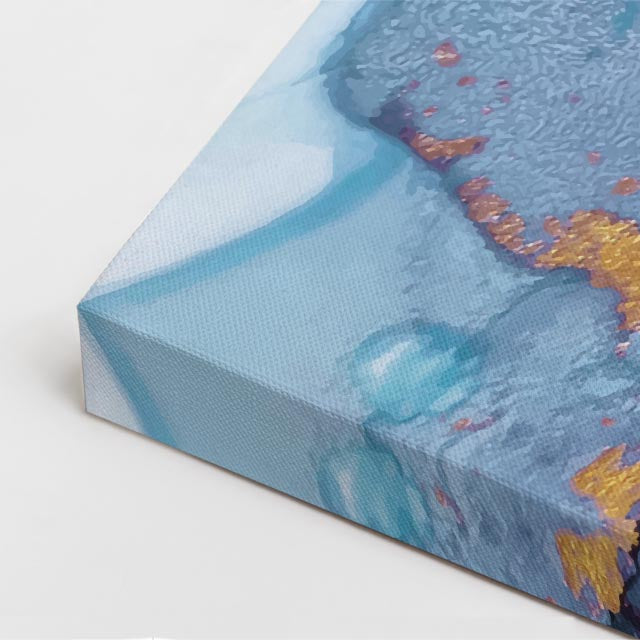 cuadro canvas abstracto fluido hielo dorado en tonos azul, blanco, dorado