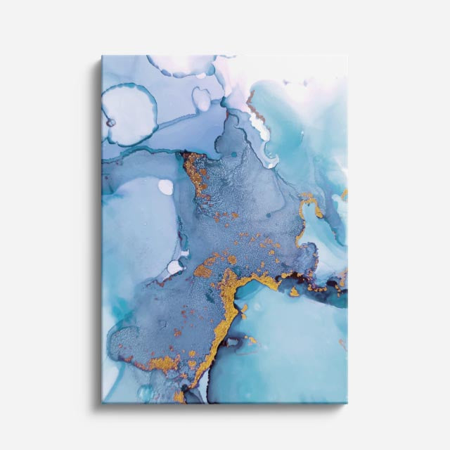 cuadro canvas abstracto fluido hielo dorado en tonos azul, blanco, dorado