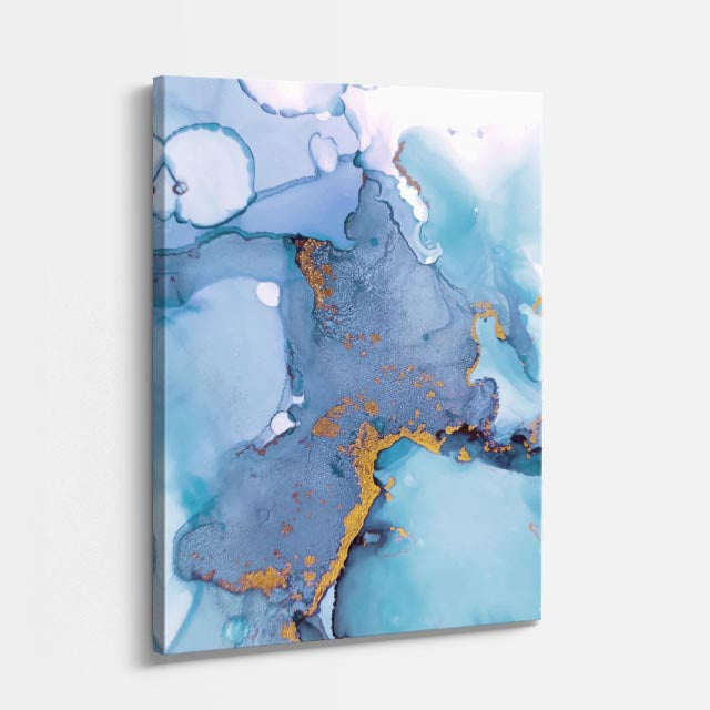cuadro canvas abstracto fluido hielo dorado en tonos azul, blanco, dorado