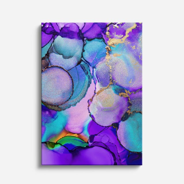 cuadro canvas abstracto fluido circulos violeta en tonos morado, verde, turquesa