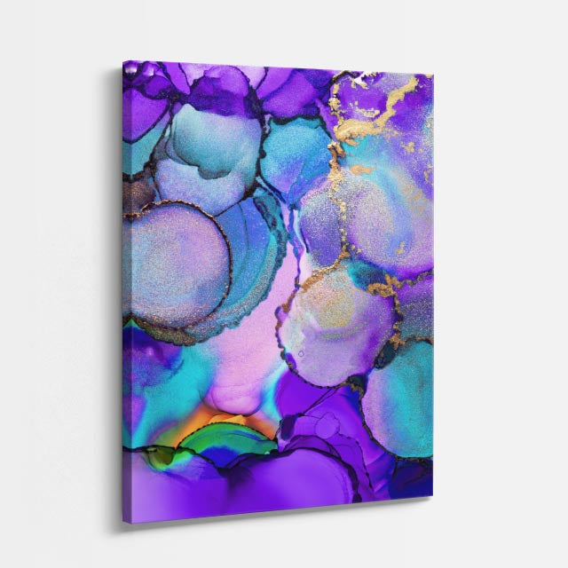 cuadro canvas abstracto fluido circulos violeta en tonos morado, verde, turquesa