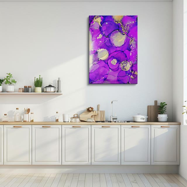 cuadro canvas abstracto fluido amatista solar en tonos morado, amarillo