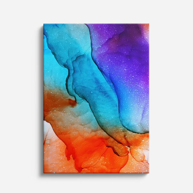 cuadro canvas abstracto fluido coral electrico en tonos naranja, turquesa, rojo