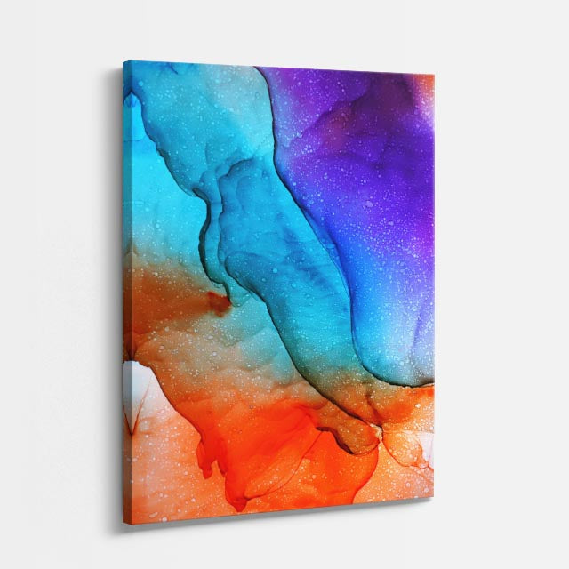 cuadro canvas abstracto fluido coral electrico en tonos naranja, turquesa, rojo