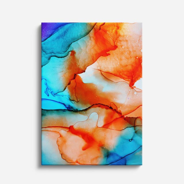 cuadro canvas abstracto fluido mandarina azul en tonos naranja, turquesa, rojo