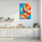 cuadro canvas abstracto fluido mandarina azul en tonos naranja, turquesa, rojo
