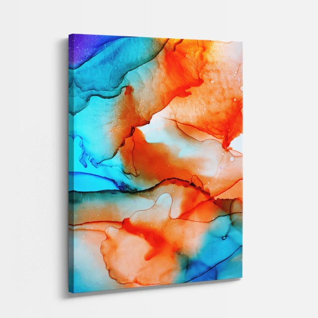 cuadro canvas abstracto fluido mandarina azul en tonos naranja, turquesa, rojo