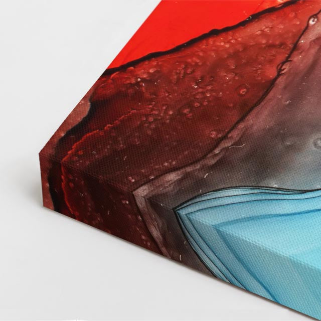 cuadro canvas abstracto fluido oleaje igneo en tonos rojo, naranja, turquesa