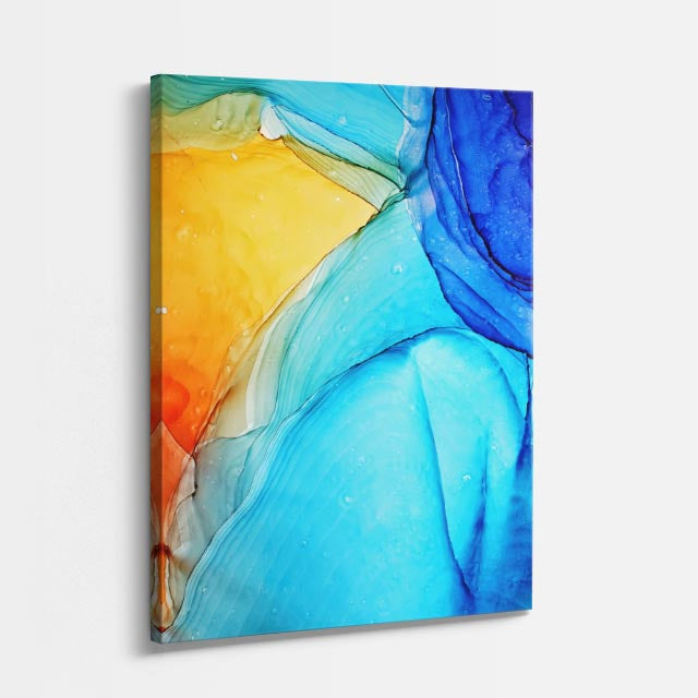 cuadro canvas abstracto fluido azul de sol en tonos azul, amarillo, turquesa