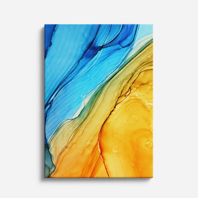 cuadro canvas abstracto fluido costa azur en tonos azul, turquesa, amarillo