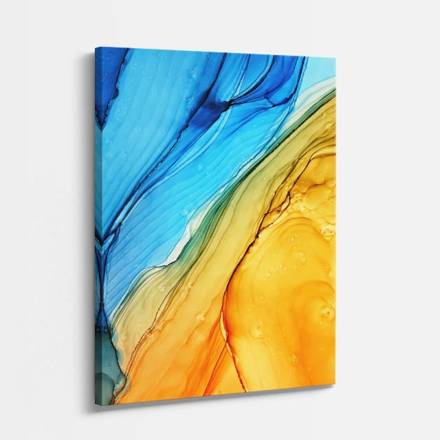 cuadro canvas abstracto fluido costa azur en tonos azul, turquesa, amarillo