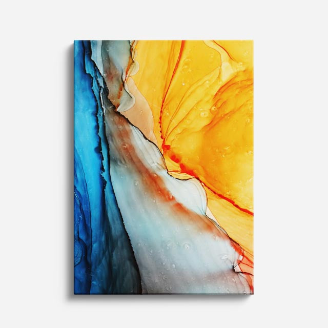 cuadro canvas abstracto fluido llama marina en tonos naranja, azul, dorado