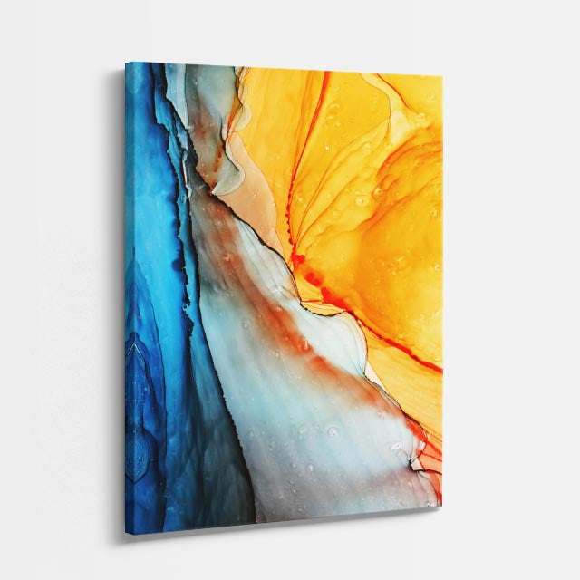 cuadro canvas abstracto fluido llama marina en tonos naranja, azul, dorado