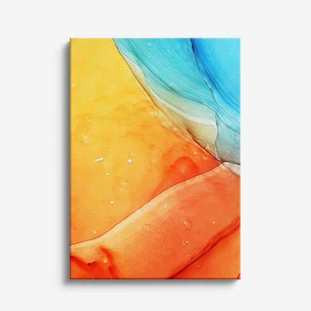 cuadro canvas abstracto fluido atardecer durazno en tonos naranja, turquesa, amarillo