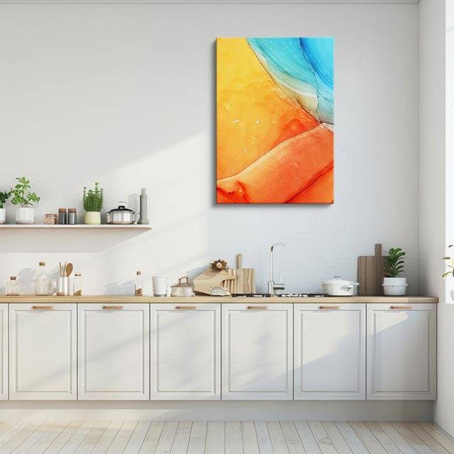 cuadro canvas abstracto fluido atardecer durazno en tonos naranja, turquesa, amarillo