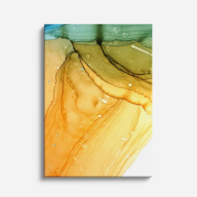 cuadro canvas abstracto fluido ambar velado en tonos amarillo, verde, dorado