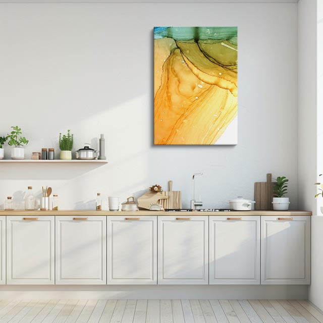 cuadro canvas abstracto fluido ambar velado en tonos amarillo, verde, dorado