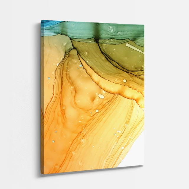 cuadro canvas abstracto fluido ambar velado en tonos amarillo, verde, dorado