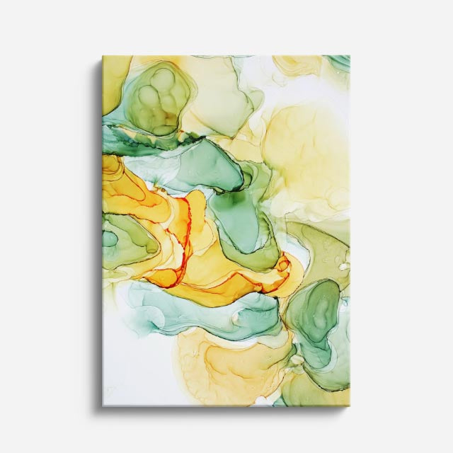 cuadro canvas abstracto fluido verde cartografia en tonos verde, dorado, blanco