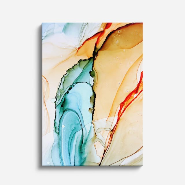 cuadro canvas abstracto fluido delta oliva en tonos turquesa, naranja, blanco