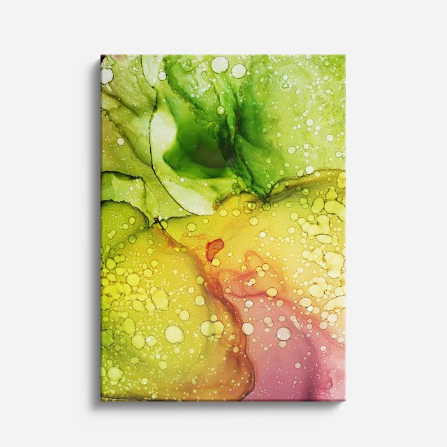 cuadro canvas abstracto fluido jardin tropical en tonos verde, fucsia, amarillo