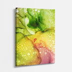 cuadro canvas abstracto fluido jardin tropical en tonos verde, fucsia, amarillo