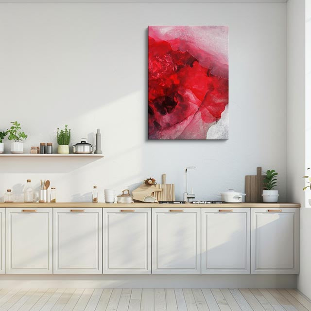 cuadro canvas abstracto fluido veta escarlata en tonos rojo, rosa, dorado