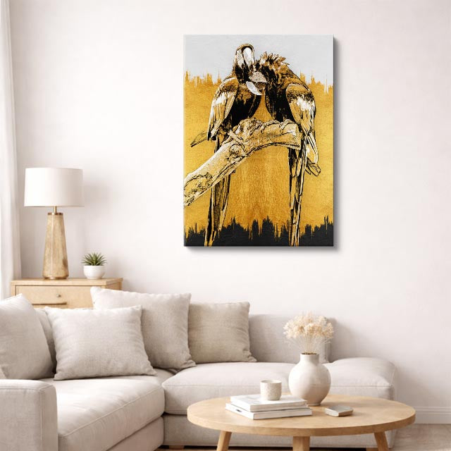 cuadro canvas aves guardianes dorados vertical