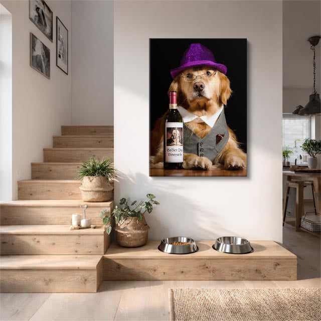 cuadro canvas mascotas sommelier dorado vertical
